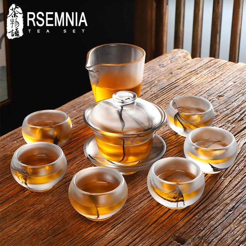 Rsemnia high-grade glass kung fu tea set ink teapot teacup set set of household jade porcelain jade tea