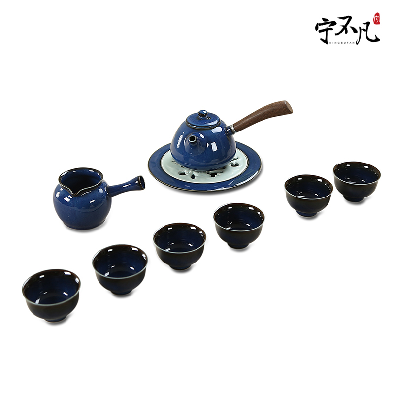 Ning uncommon kung fu tea set a complete set of ceramic side bearing as the pot TuHao blue variable tea set