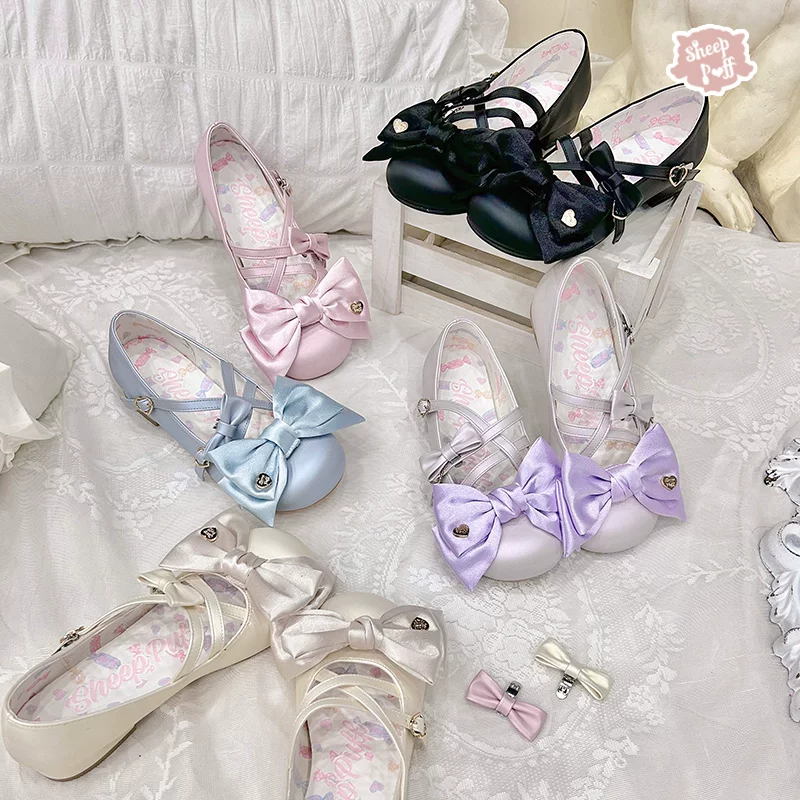 【Показать две шарики】Сатиновая конфетная шерстяная Паф Лоли Satin Pu туфли на низком каблуке