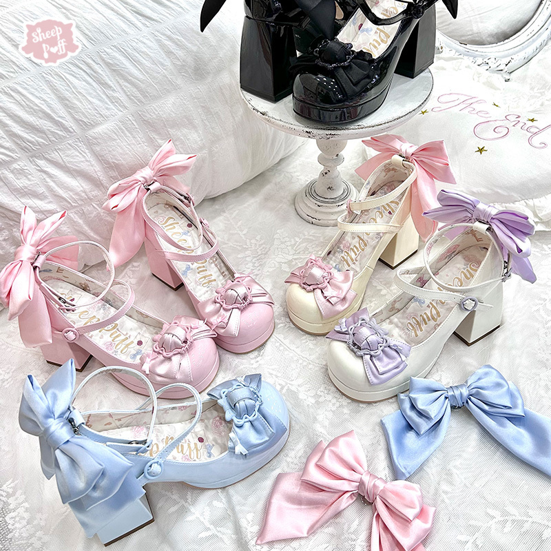 [in Stock] Dream Shoes Sheep Puff Lolita Shoes Heart-Shaped Ribbon Shoe Clip Bow High Heels