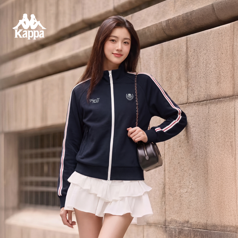 Kappa Women's Sports Jacket 26 Autumn New Retro Short Black Striped Jacket Top