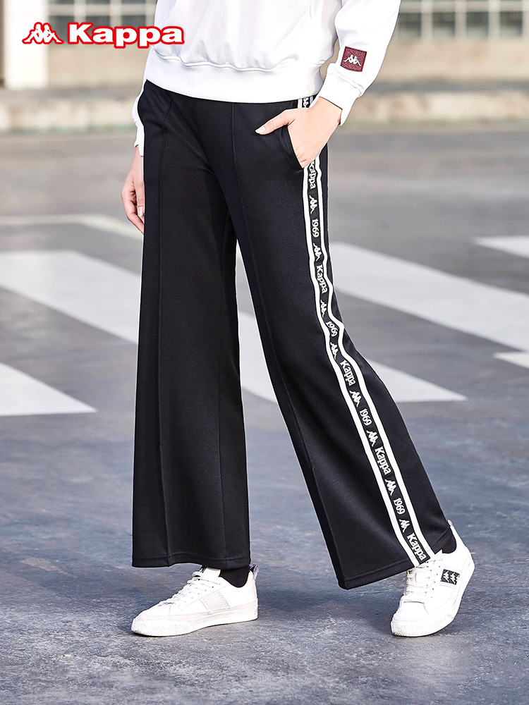 KAPPA Kappa string label women's sports pants knitted trousers black casual pants trendy wide-leg flared pants