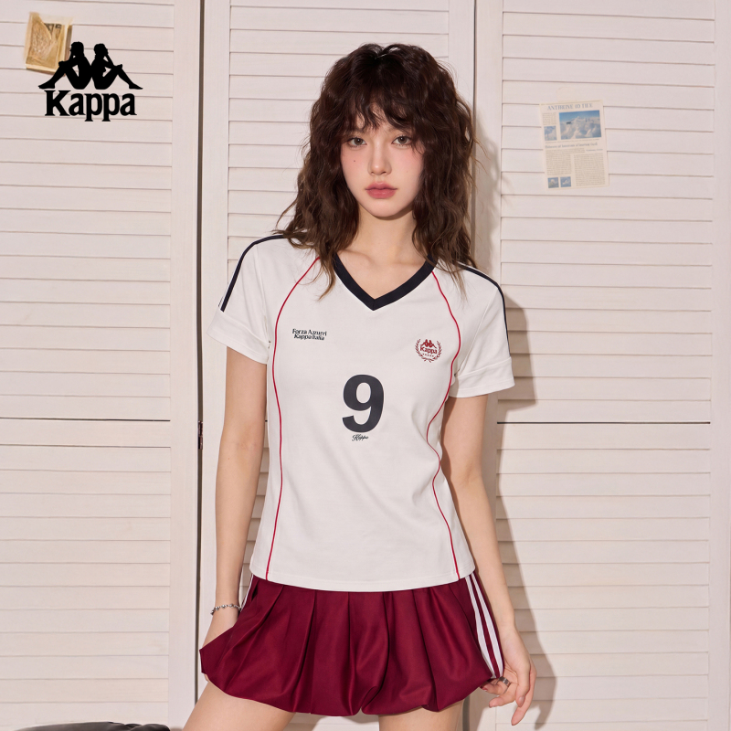 Kappa Back-To-Back Sports Short-Sleeved Women's American-Style V-Neck Jersey T-Shirt Cool Football Style Casual Retro Top