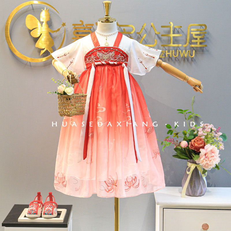 Hanfu 2022 summer new girl ethnic style classical dress little girl butterfly belt super fairy retro skirt