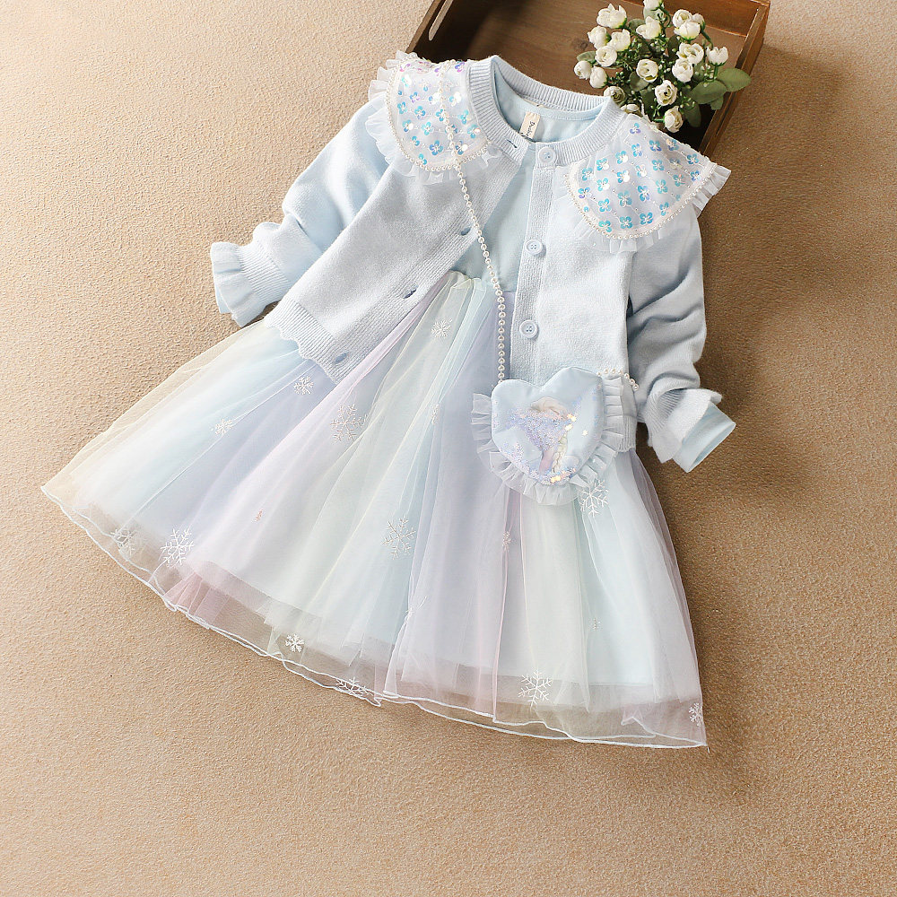 Frozen girl Aisha princess skirt autumn new children's clothing Western style children's long-sleeved sweater cardigan two-piece set