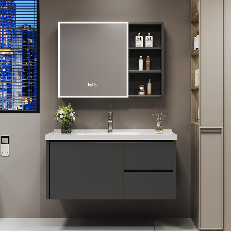Light Luxury Space Aluminum Rock Slab Bathroom Cabinet Set for Small Apartments, Integrated Washbasin and Vanity with Smart Mirror