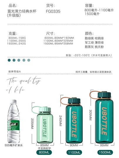 Fuguang Water Cup Large Capacity Plastic Water Bottle Portable Space Cup Summer Outdoor Anti-Fall 1500ml Sports Water Bottle