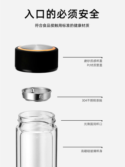 Fuguang Double-Layer Household Glass Cup with Lid, Large Capacity, Portable Tea Cup for Male and Female Students, Transparent Cup
