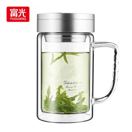 Fuguang Double-Layer Glass Cup, Popular Men's Tea Cup, Office Water Cup, Large Capacity with Handle, Household Tea Brewing Cup