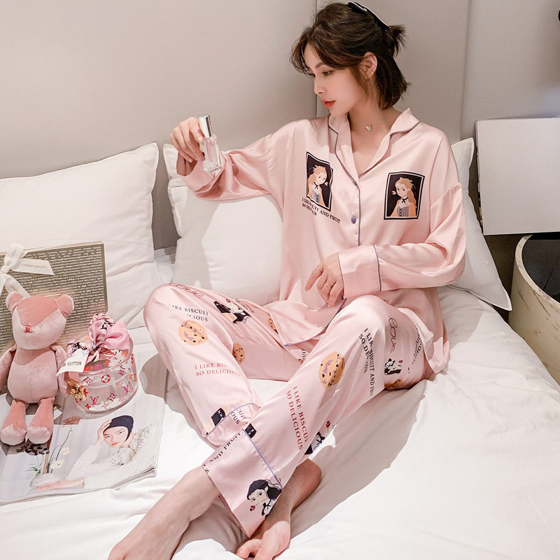 Japanese GP Spring New Pyjamas Women's Ice Silk Cartoon Silk Home Suit Long Sleeve Cute Two-piece Set