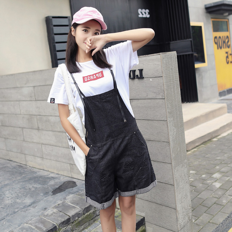 牛仔背带连体裤女2018夏装新品学院风宽松百搭卷边学生阔腿裤短裤
