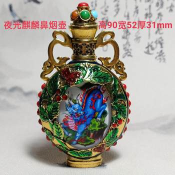 Antique tibetan cloisonné unicorn luminous snuff bottle antique handicraft copper double-sided inner painting smoking set