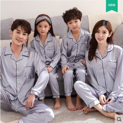 Cha mẹ và con đồ ngủ phù hợp với nam giới và phụ nữ các cặp vợ chồng XL cardigan dài tay lụa mẹ và con trai cha và con trai gia đình bốn dịch vụ nhà đồ bộ mặc nhà pijama