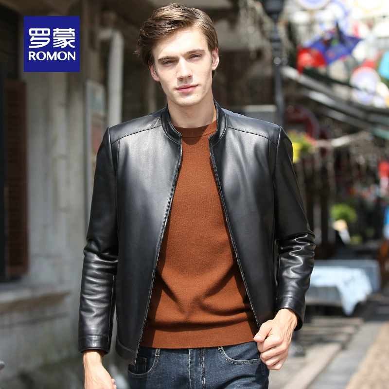Áo khoác da nam cổ đứng Romon / Romon Áo khoác da cừu nam giản dị Áo khoác da mỏng dáng ngắn trẻ trung và trung niên - Quần áo lông thú