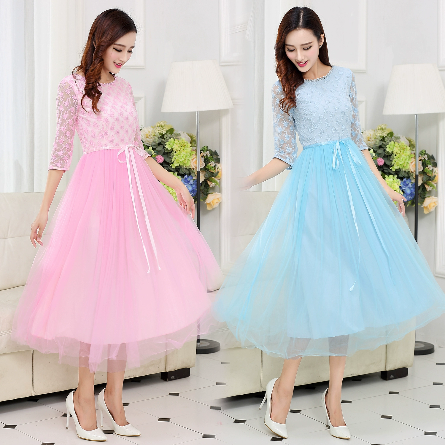 Thời trang mới của phụ nữ Thời trang của phụ nữ Tay áo Voan Ren lưới Sợi thêu Váy dài giữa Váy đầm xòe lớn Mùa hè - Váy dài