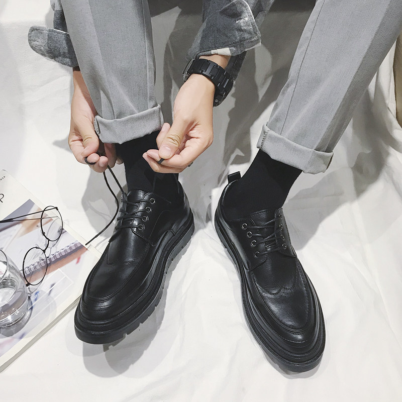 Port Wind Small Leather Shoes Men's Version Trendy Burlock Casual Shoes Men 100 hitch black Neyheightening Inn Tide Shoes