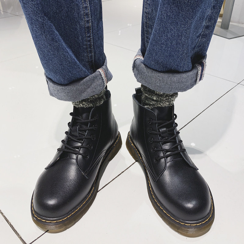 Black Martin Boots Man Genuine Leather High Cylinder Leather Shoes men's Han version 100 lap Inn wind middle cylinder tooling boots male wave shoes