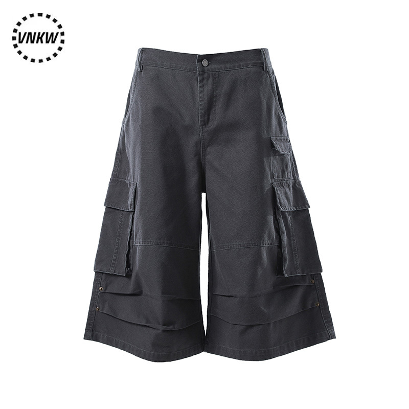 American Retro Pleated Multi-Pocket Cargo Capri Pants for Men and Women, Loose Wide-Leg Unisex Style, Versatile Commuter Shorts, Trendy