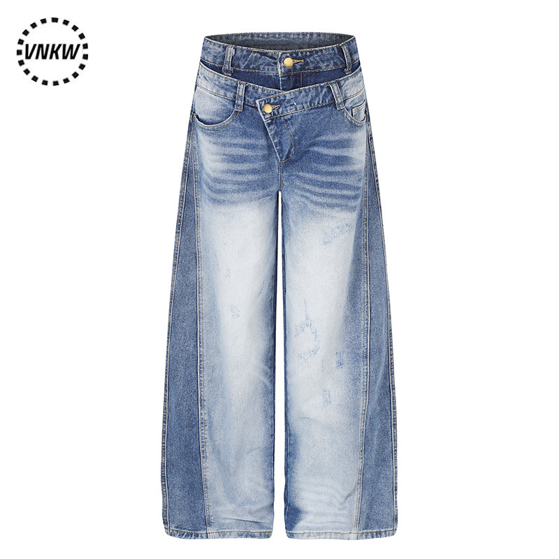 American-Style Cool Deconstructed Washed White Double-Waistband Wide-Leg Jeans for Men and Women, Loose and Versatile, Slimming and Drapey Long Pants American-Style Cool Deconstructed Washed White Double-Waistband Wide-Leg Jeans for Men and Women, Loose and Versatile, Slimming and Drapey Long Pants