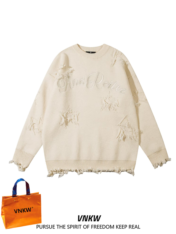 Trendy American-Style Letter Embroidery Crew Neck Distressed Sweater for Men, Autumn and Winter Lazy Style Couple's Knitwear, Thickened Top