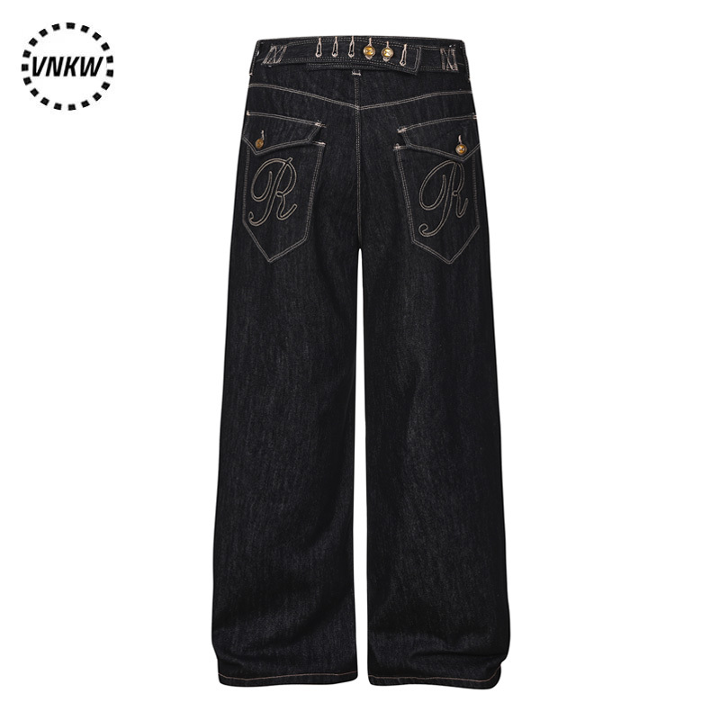 Trendy Street Style Embroidered Paris Buckle Scimitar Jeans for Men and Women, Loose Wide-Leg Versatile Raw Denim Straight Long Pants