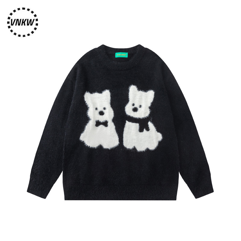 Trendy Black Mink Velvet Round-Neck Pullover Sweater for Men and Women, Versatile Soft and Cozy Mohair Knitwear for Autumn and Winter