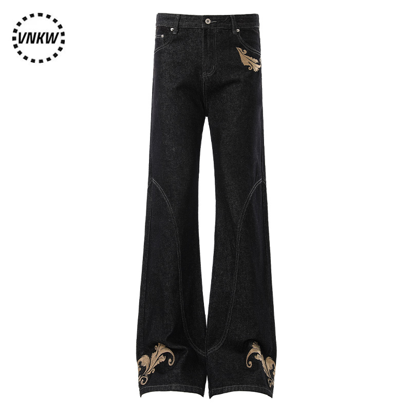American Retro Raw Denim Black Embroidered Flared Straight-Leg Jeans Unisex Trendy Loose Casual Versatile Work Pants American Retro Raw Denim Black Embroidered Flared Straight-Leg Jeans Unisex Trendy Loose Casual Versatile Work Pants