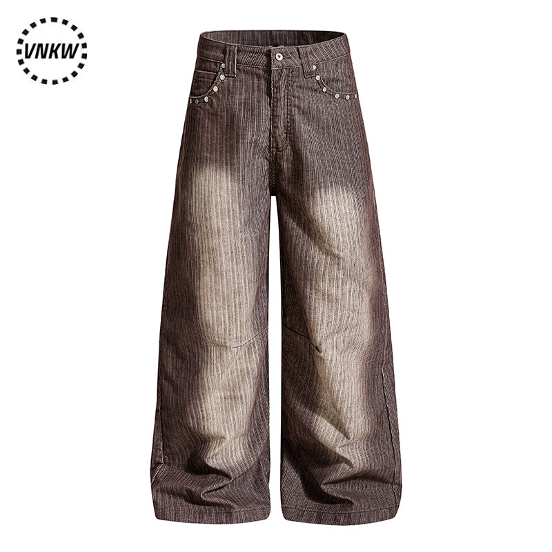 American Retro Bamboo Pattern Rivet Straight-Leg Work Pants Unisex Loose Wide-Leg Versatile Distressed Wash Long Pants