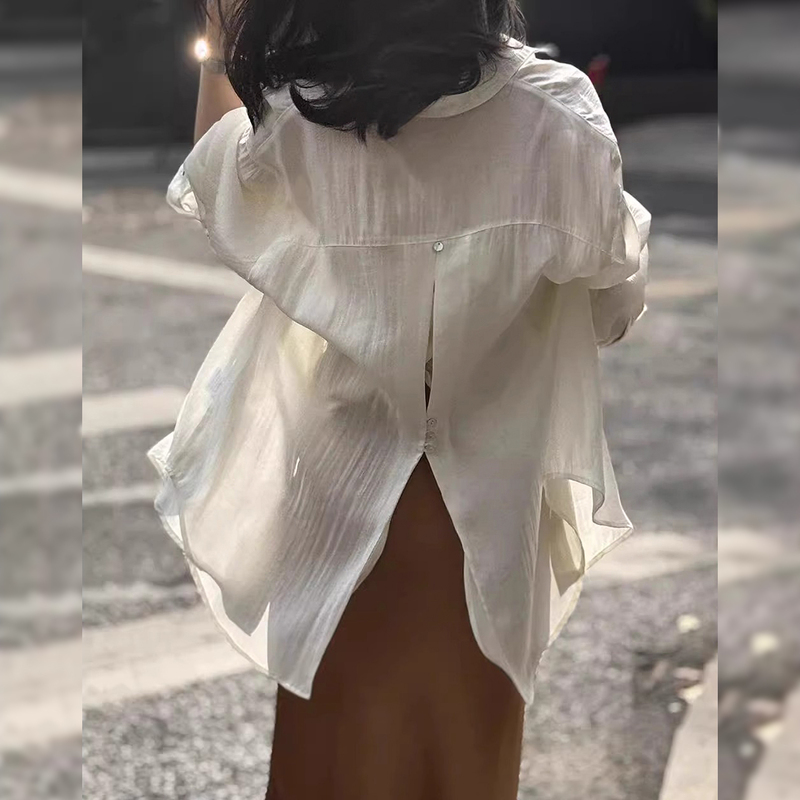 French-Style Chic Back-Slit Tencel Sun-Protective Shirt Jacket for Women, Lightweight Summer Outerwear, Sun-Protective Sheer Top