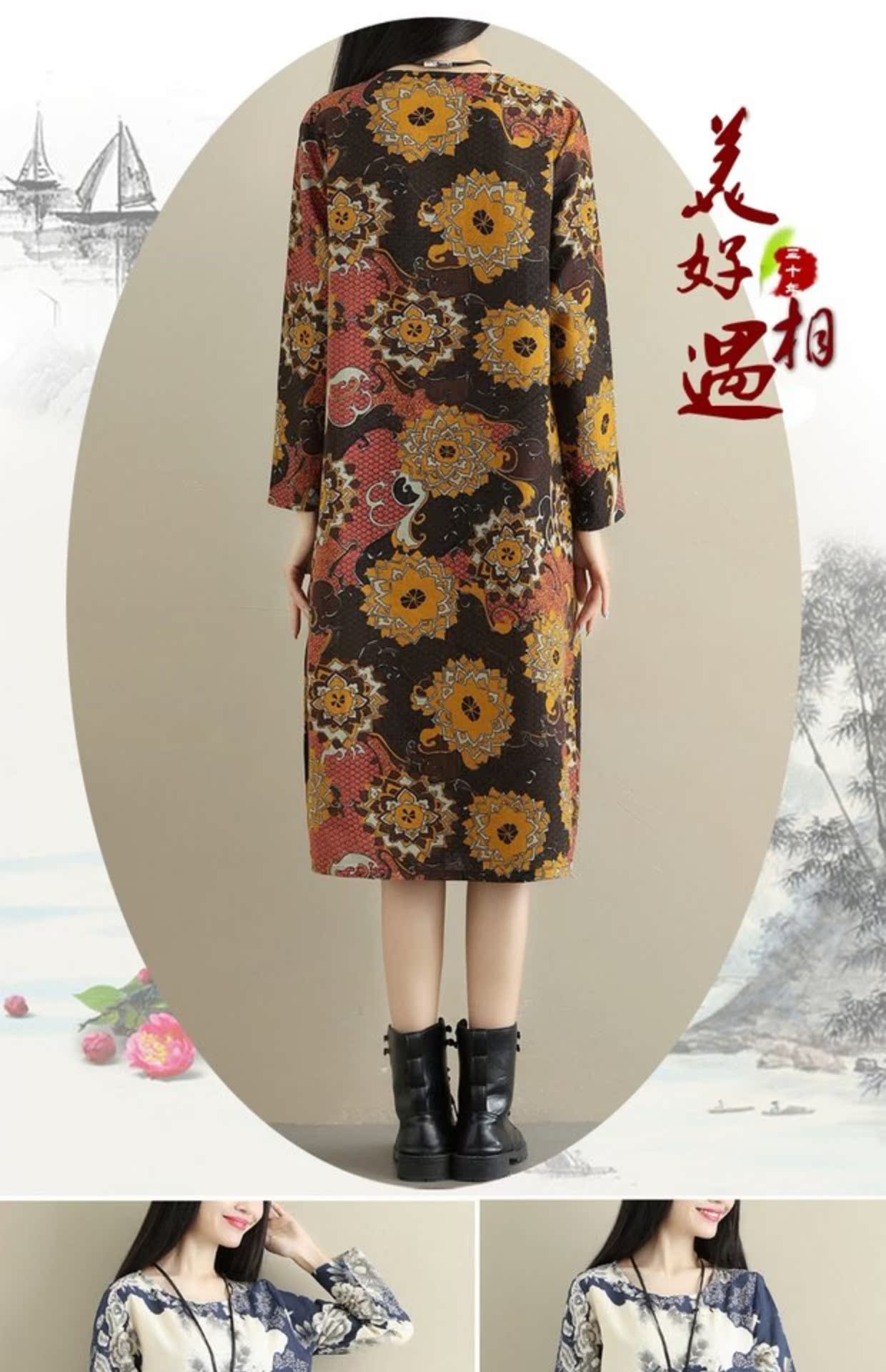 Phong cách quốc gia phụ nữ mới in cotton dài tay và nhung dày kích thước lớn váy đầm văn chương retro váy xếp ly dài