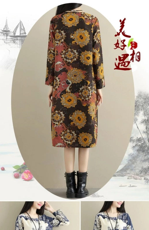 Phong cách quốc gia phụ nữ mới in cotton dài tay và nhung dày kích thước lớn váy đầm văn chương retro
