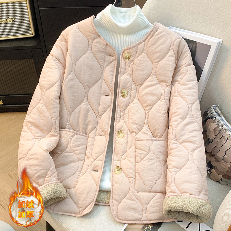 Pink Lamb Wool Cotton Coat 2026 Winter New Korean Style Thickened Round Neck Lamb Wool Lining Jacket