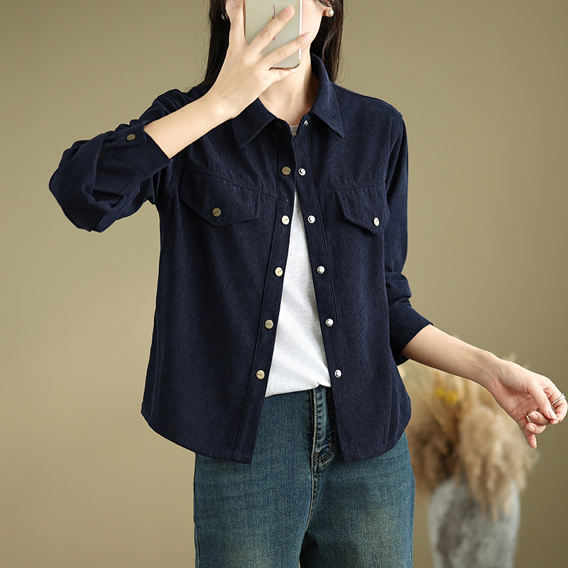 Petite Solid Color Corduroy Versatile Small Lapel Long-Sleeve Shirt Stylish Slimming Casual Trendy Jacket Top for Women
