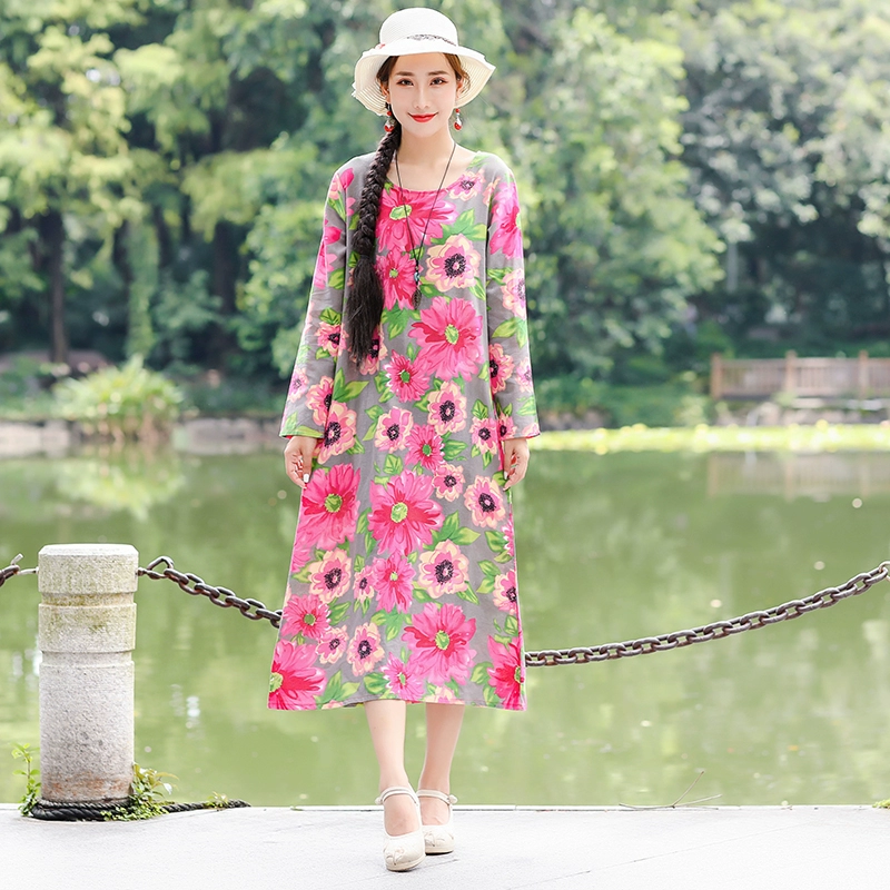 Phụ nữ dân tộc retro váy cotton và vải lanh dài tay in mùa xuân và mùa thu văn học và nghệ thuật eo cao lỏng lẻo váy dài vải lanh mỏng - Váy eo cao