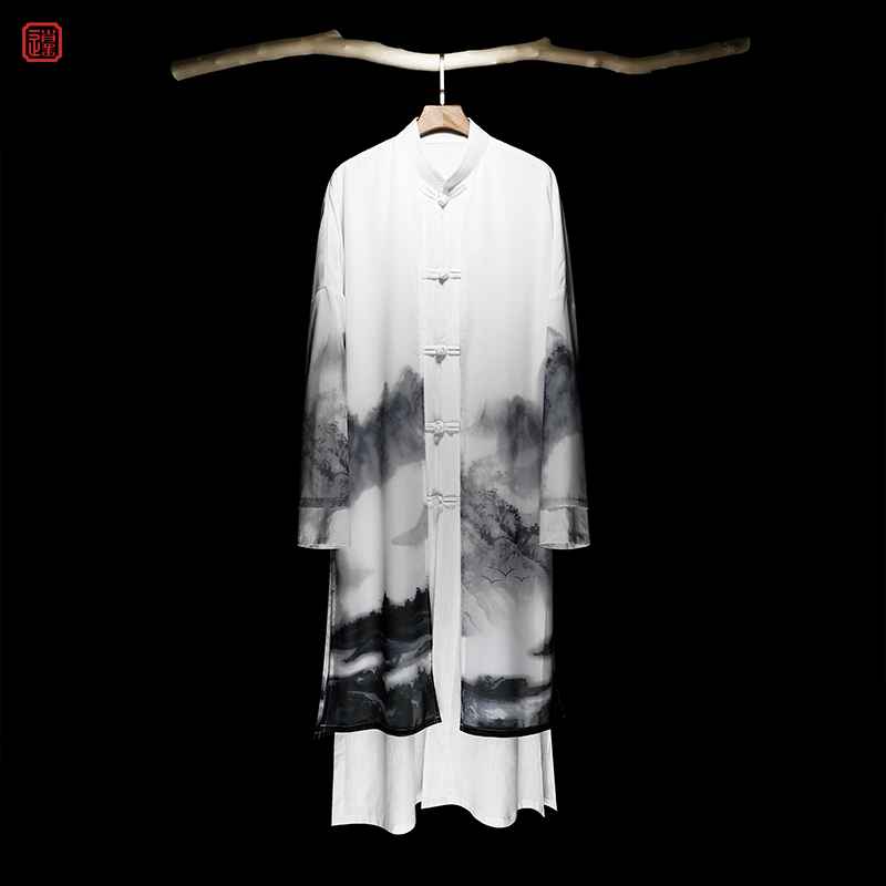 Hanfu Men's Clothing, Ancient Style Long Robe, Dance Ethereal and Elegant Long Gown, Traditional Performance Costume, Chinese Style Faux Two-Piece Jacket, Cotton and Linen