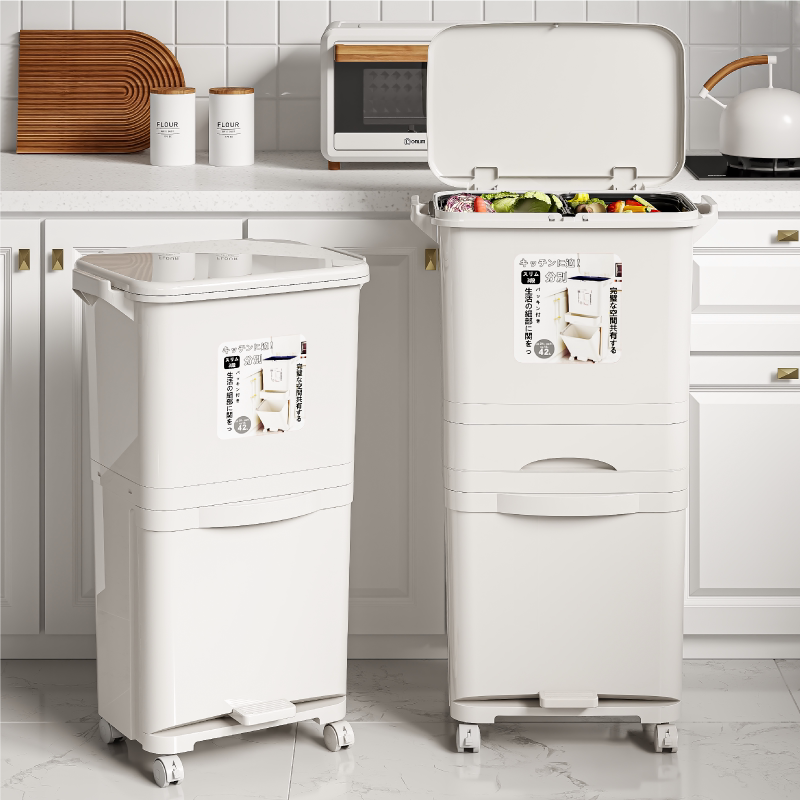 Xingyou Kitchen Trash Can for Home Use, Classified into Categories, with Lid, Large Capacity, Tall Model, Double-Layer, for Separating Wet and Dry Food Waste, Large Size, Japanese Style