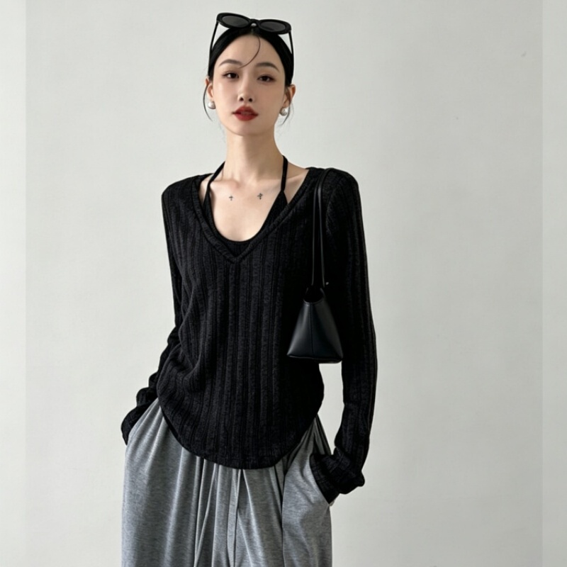 Old Money Style Top, Fake Two-Piece Knitwear, Unique Design, Niche, High-End, Lazy Style, Retro Pullover Sweater for Women, Winter Old Money Style Top, Fake Two-Piece Knitwear, Unique Design, Niche, High-End, Lazy Style, Retro Pullover Sweater for Women, Winter