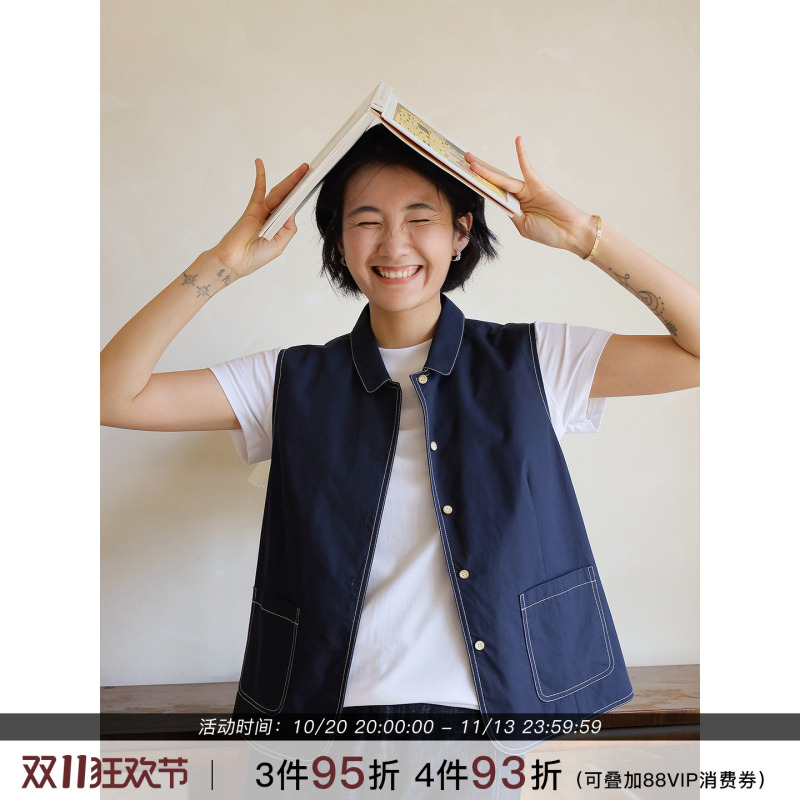 Zhou Langqing Navy Blue Pure Cotton Lapel Denim Vest for Women 2026 New Autumn Sleeveless Casual Vest Zhou Langqing Navy Blue Pure Cotton Lapel Denim Vest for Women 2026 New Autumn Sleeveless Casual Vest