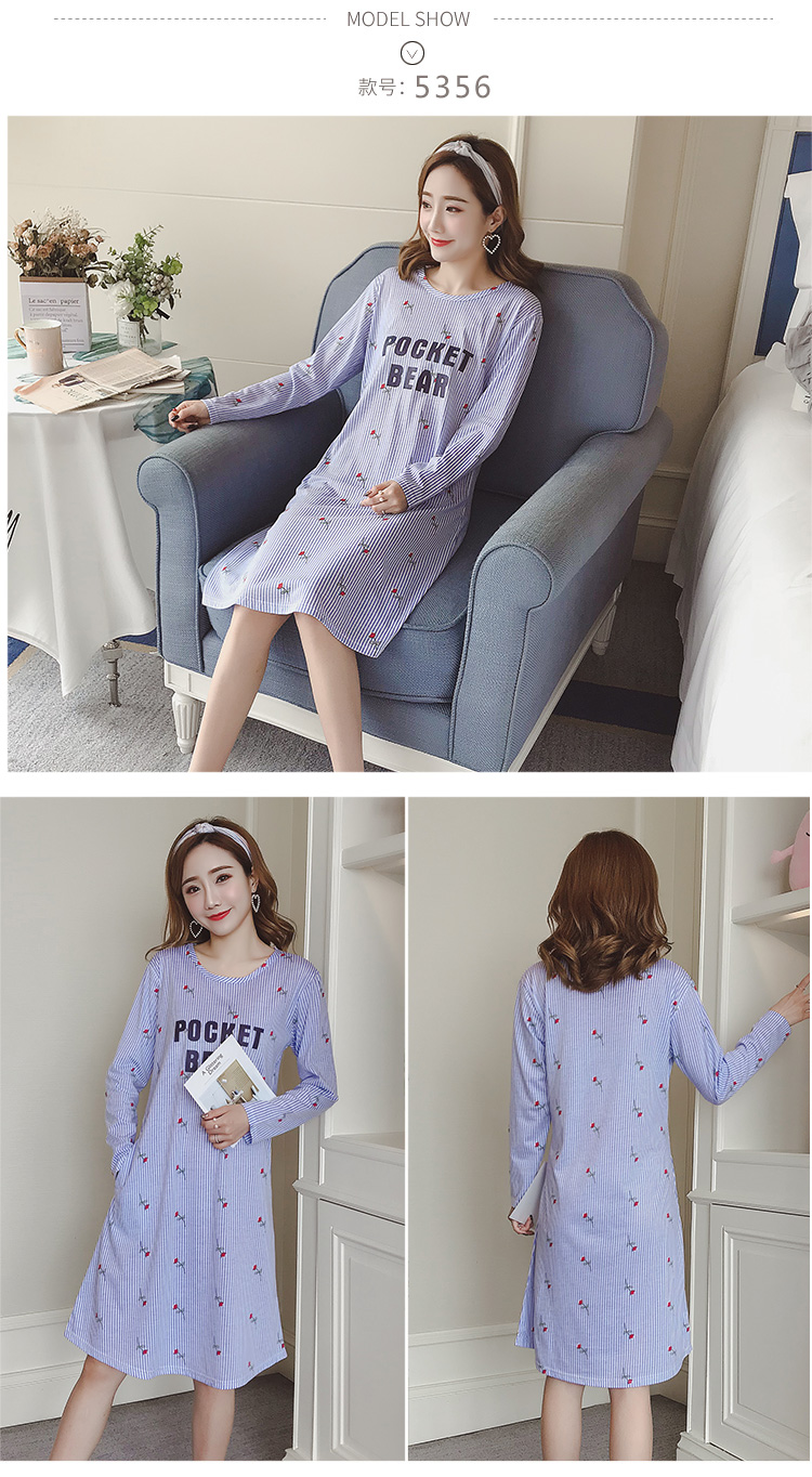 Phiên bản Hàn Quốc của váy ngủ dài tay nữ mùa xuân và mùa thu cotton dài phần lỏng lẻo XL có thể mặc bên ngoài đồ ngủ sinh viên phục vụ mùa đông đầm dài qua gối cho tuổi trung niên