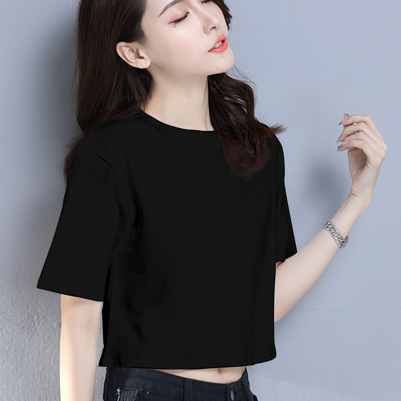 High-Waisted Short Black T-Shirt with Exposed Navel, Loose Cotton Crop Top for Women, New Niche Style Summer Tee