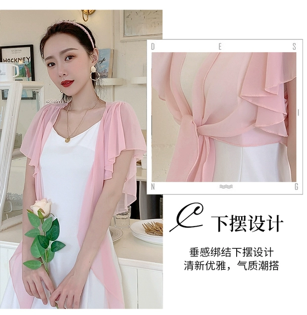 Áo choàng voan nhỏ với váy treo nữ mùa hè ngắn phần cardigan mỏng với tay áo cánh dơi - Áo sơ mi chiffon ren
