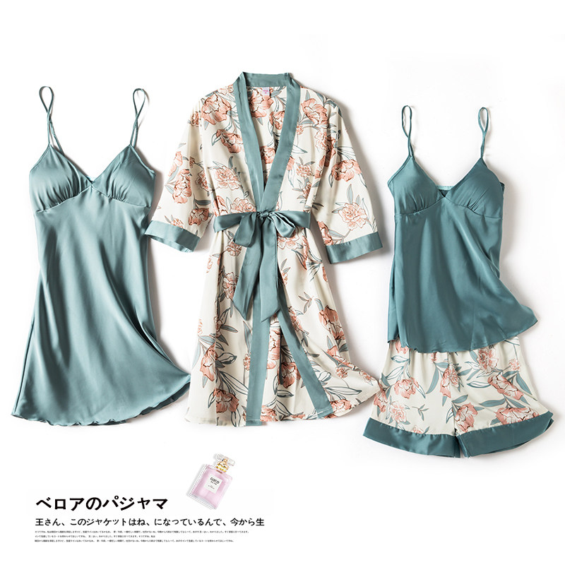 Spring and summer female thin ice wire nightclothes four long sleeve robes hanging chest paddy dress two-piece home suits