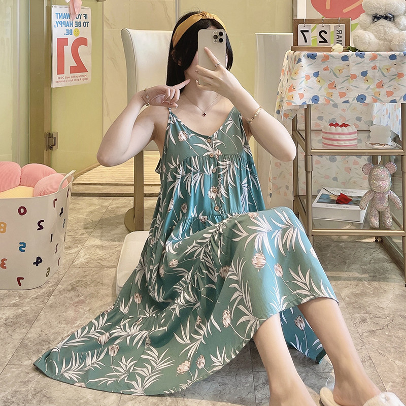 Beautiful back suspender cotton silk nightdress summer thin section artificial cotton pajamas women sweet style dress outer wear loose home wear