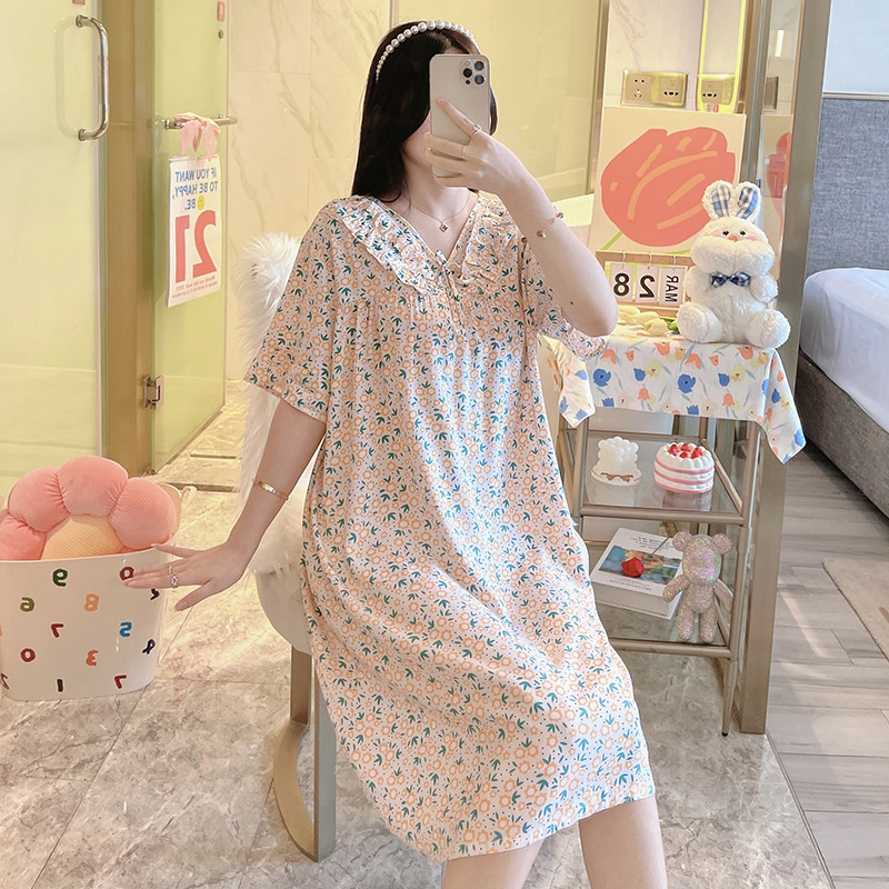 New cotton silk nightdress women's summer thin section large size pajamas sweet short-sleeved rayon dress outer wear home clothes