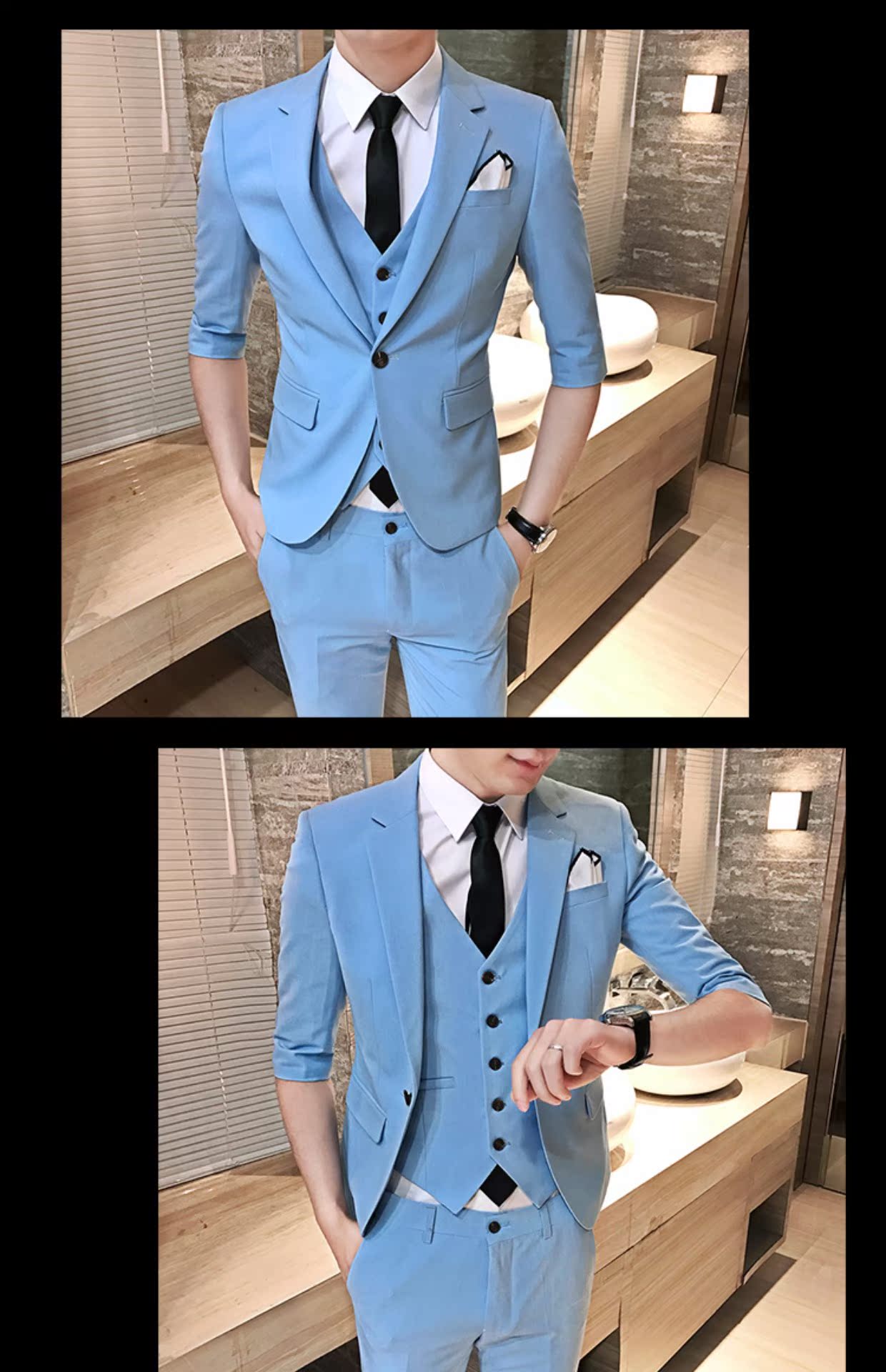 Mùa hè phiên bản Hàn Quốc của tay áo phù hợp với bộ đồ ba mảnh Slim tay áo bảy điểm nam phù hợp với nhỏ phù hợp với váy cưới nhà tạo mẫu tóc vest nam đẹp