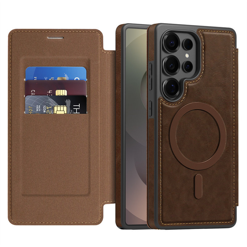 Suitable for the New Samsung S26Ultra Phone Case Flip Cover S25Ultra Magnetic Charging S23+ Card Slot S24Fe Genuine Leather Fe with Card Holder Galaxy22Uitra Leather Case S25 Plus Business 24U