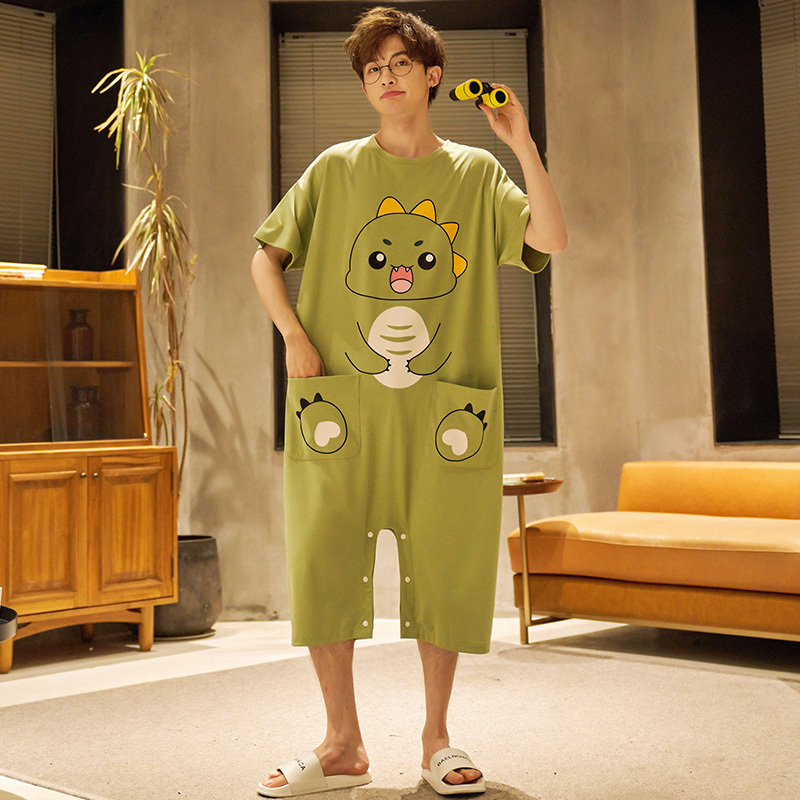 Summer Thin Pure Cotton One-Piece Pajama Dress for Women, Short-Sleeved, Cartoon Print, Plus Size, 100kg Couple Style Loungewear