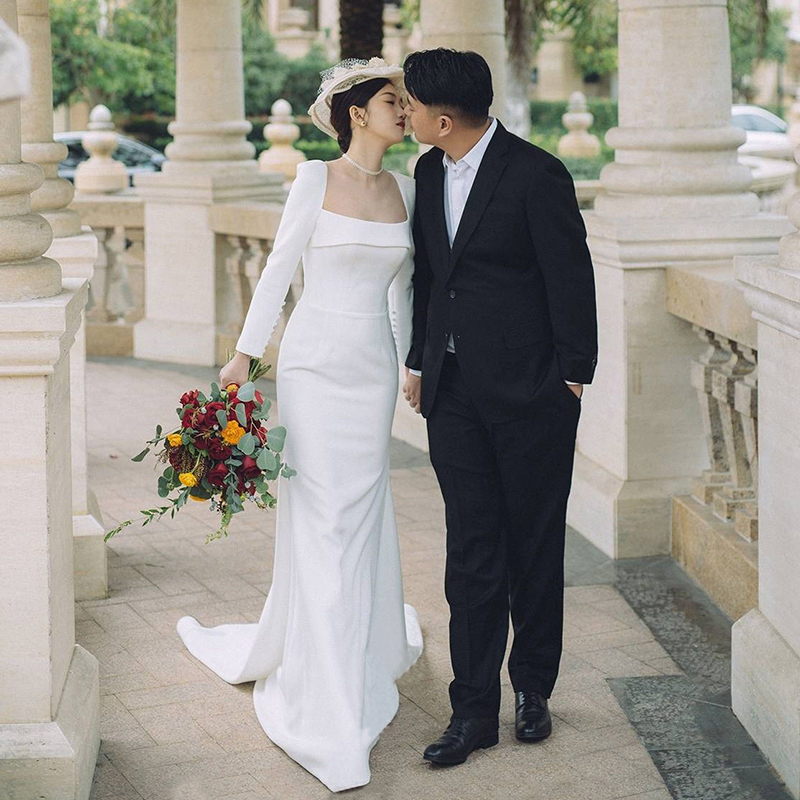 Retro waist fishtail dress bride outdoor wedding photo elegant trailing out gauze French long-sleeved square collar light wedding dress