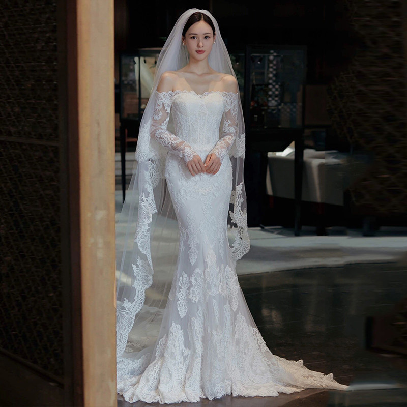 Straight Shoulder Method Long Sleeve Light Wedding Dress Winter Advanced Sensation Lace Sensuary Retro Out of the Fairy Tail Gown-Taobao