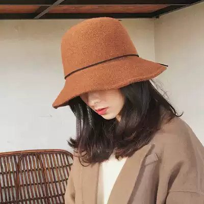 Autumn and winter fisherman hat girl caramel color knitted foldable basin hat Tide brand face small Joker Korean wool hat